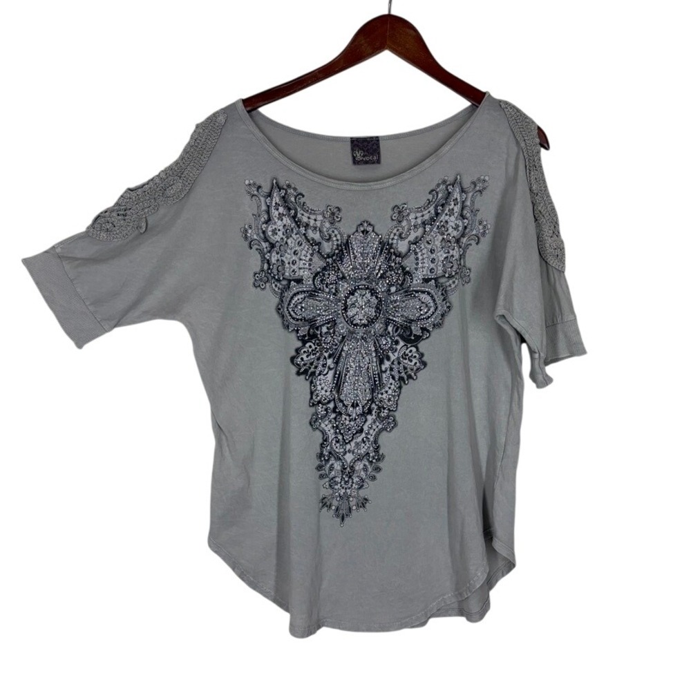 Vocal Women Top Size XL Gray Rhinestone Embellished Cold Shoulder Crochet